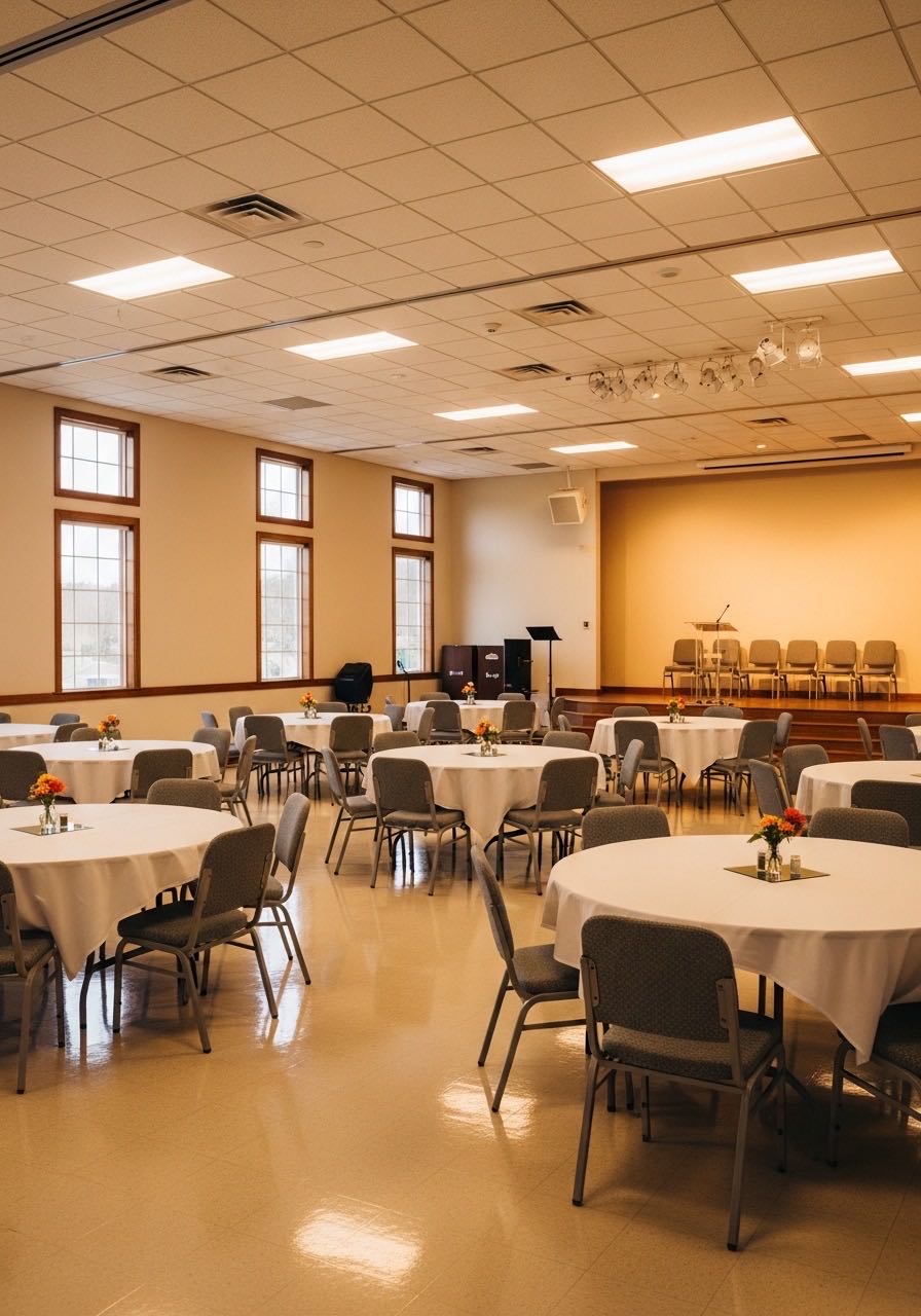 Clean church fellowship hall ready for an event